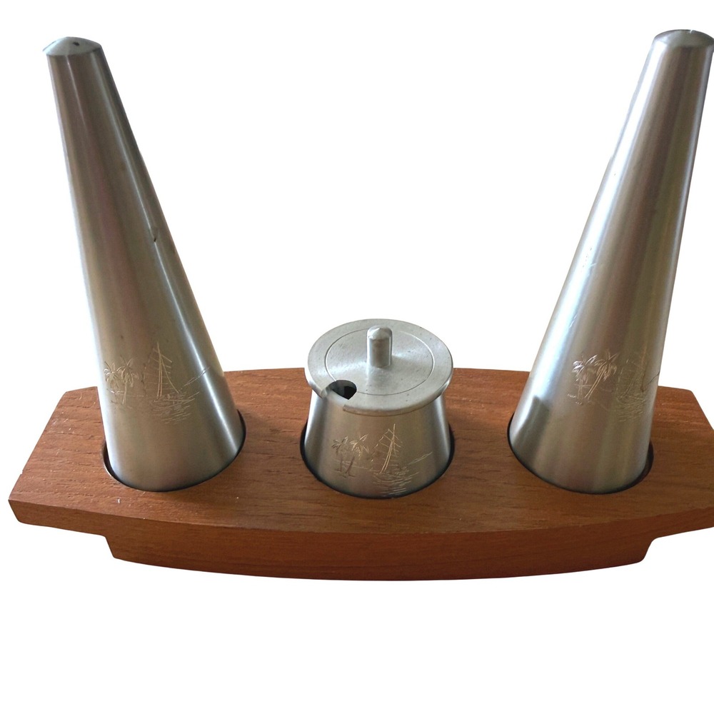 MCM Selangor Pewter Salt Pepper Mustard Set Teak Tray Sailboat Palm Tree 1960s
